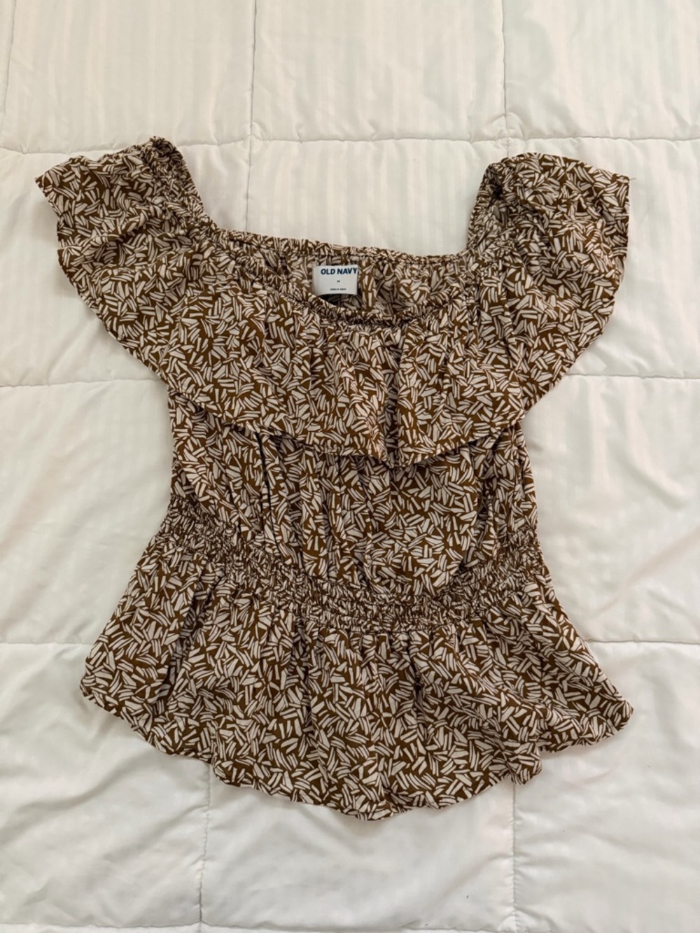Old Navy Brown and White Printed Off-Shoulder Ruffle Top